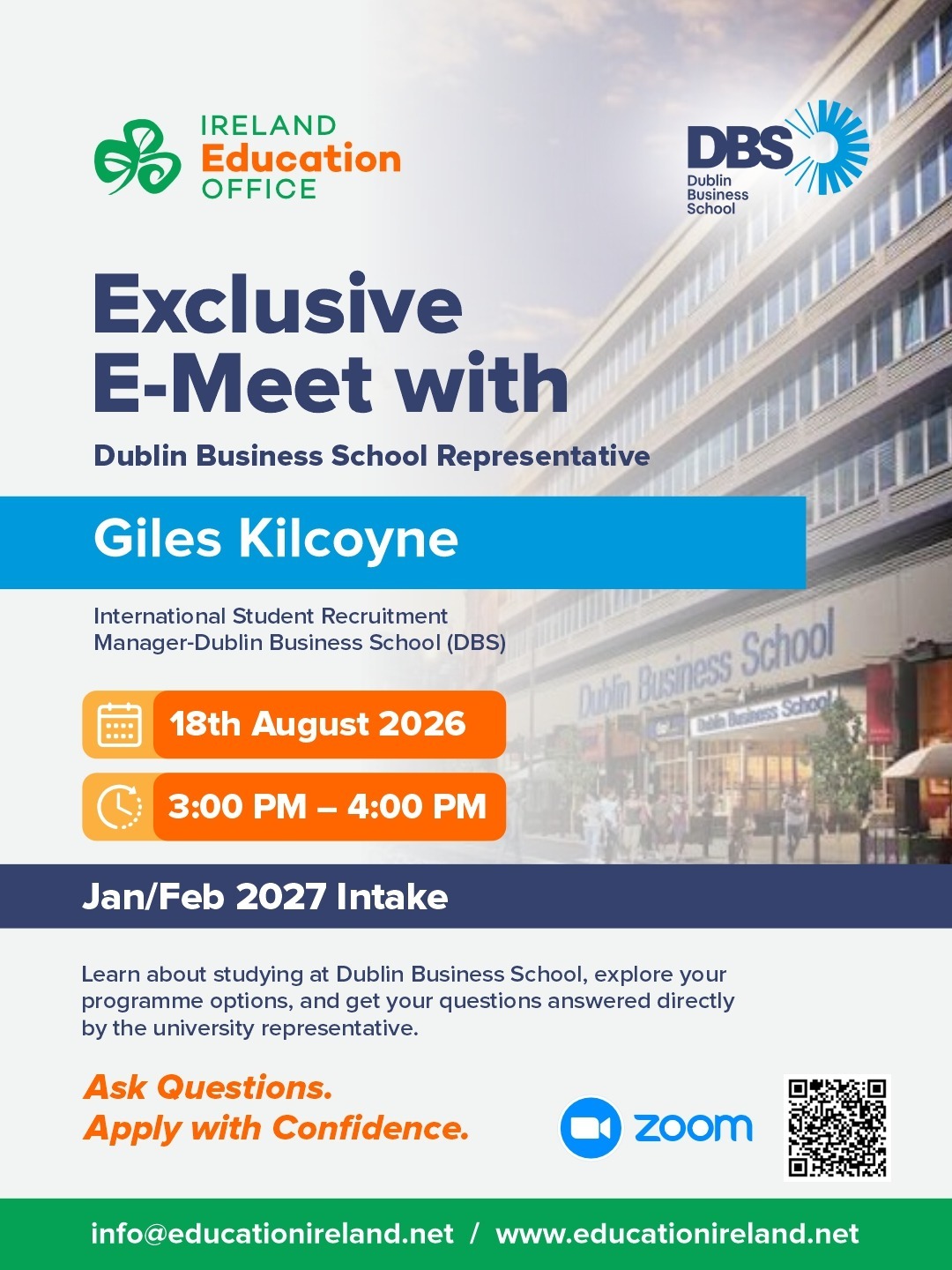 E-Meet Meet with Giles Kilcoyne, Ask Questions. Apply with Confidence.